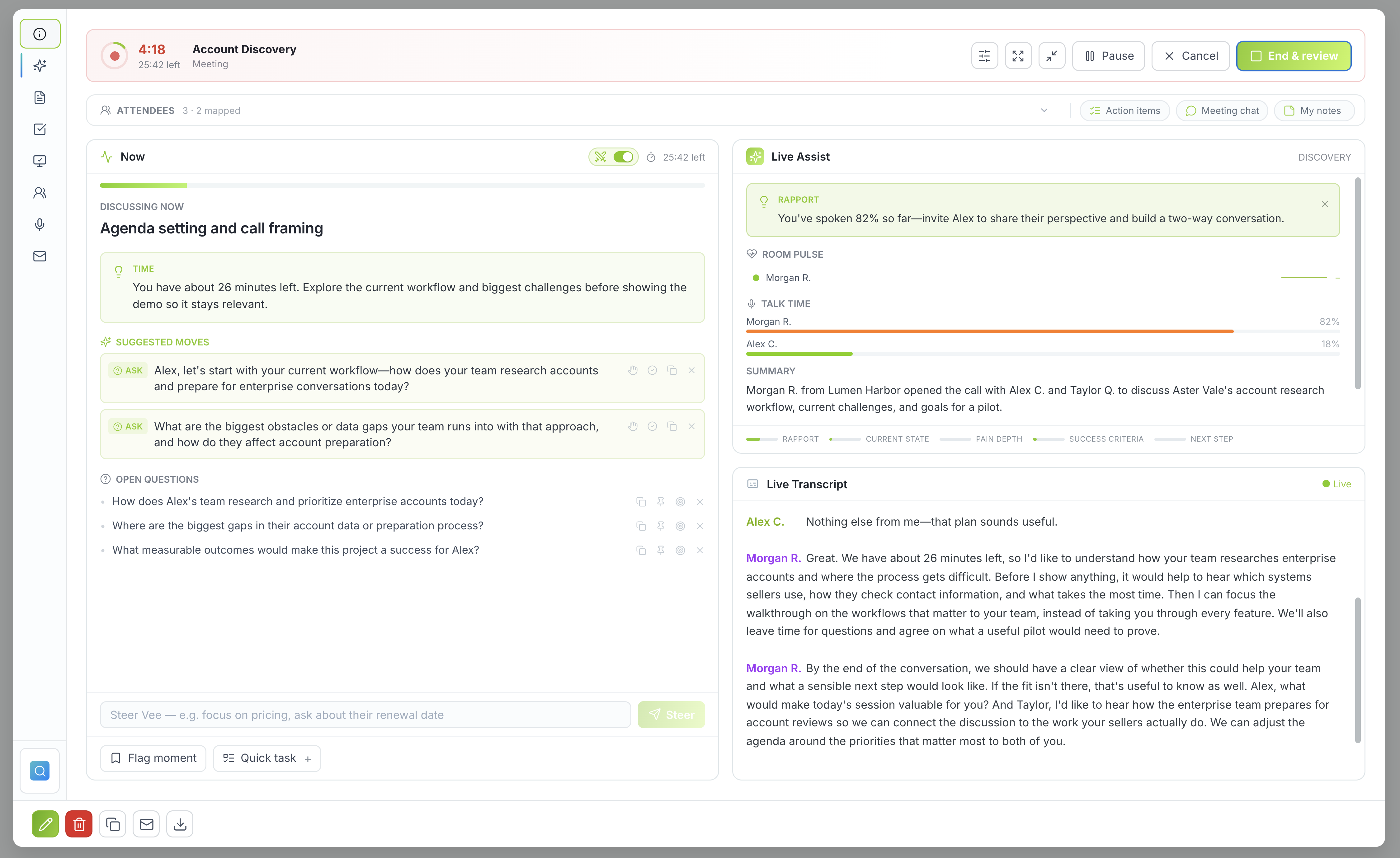 Live Assist with suggested questions, open questions, and a Steer Vee input