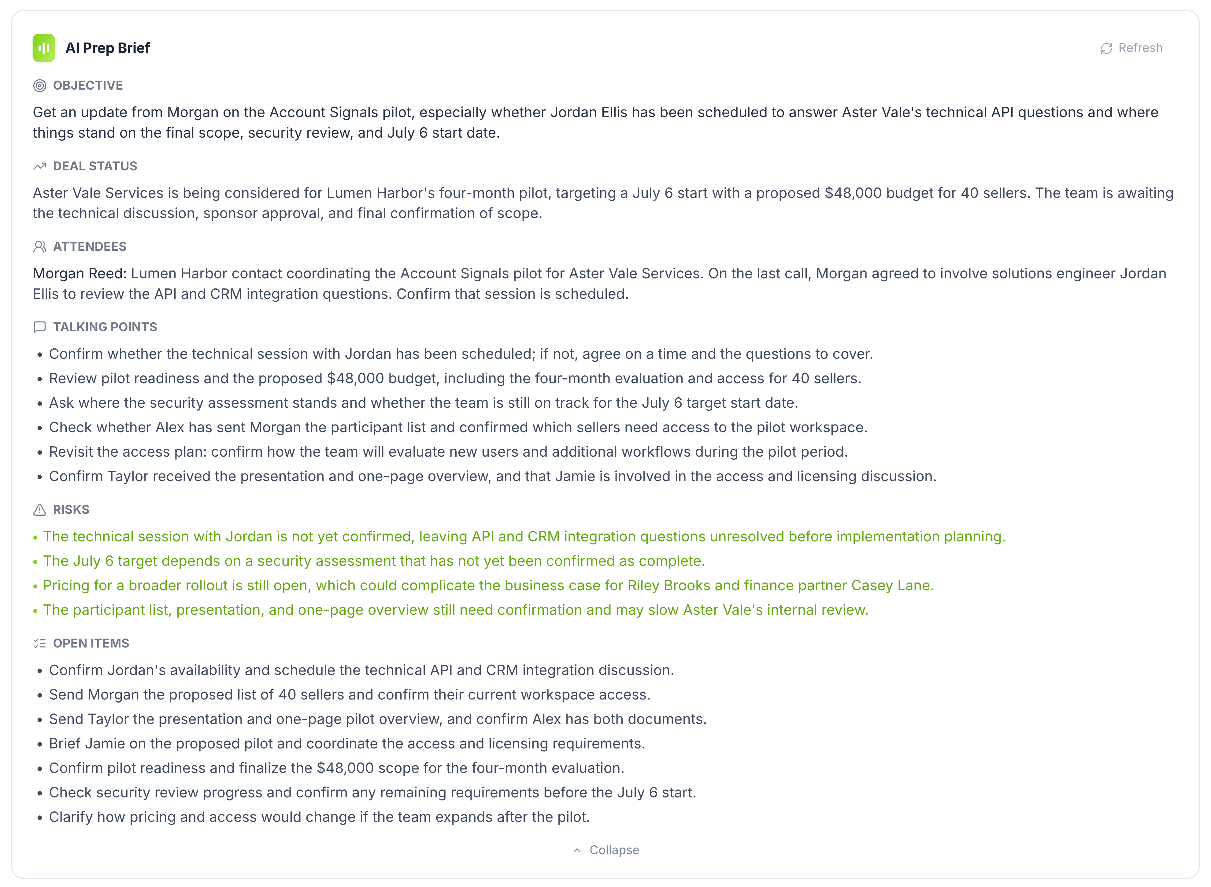 Vesso prep brief with meeting objectives, deal context, attendee background, talking points, and risks