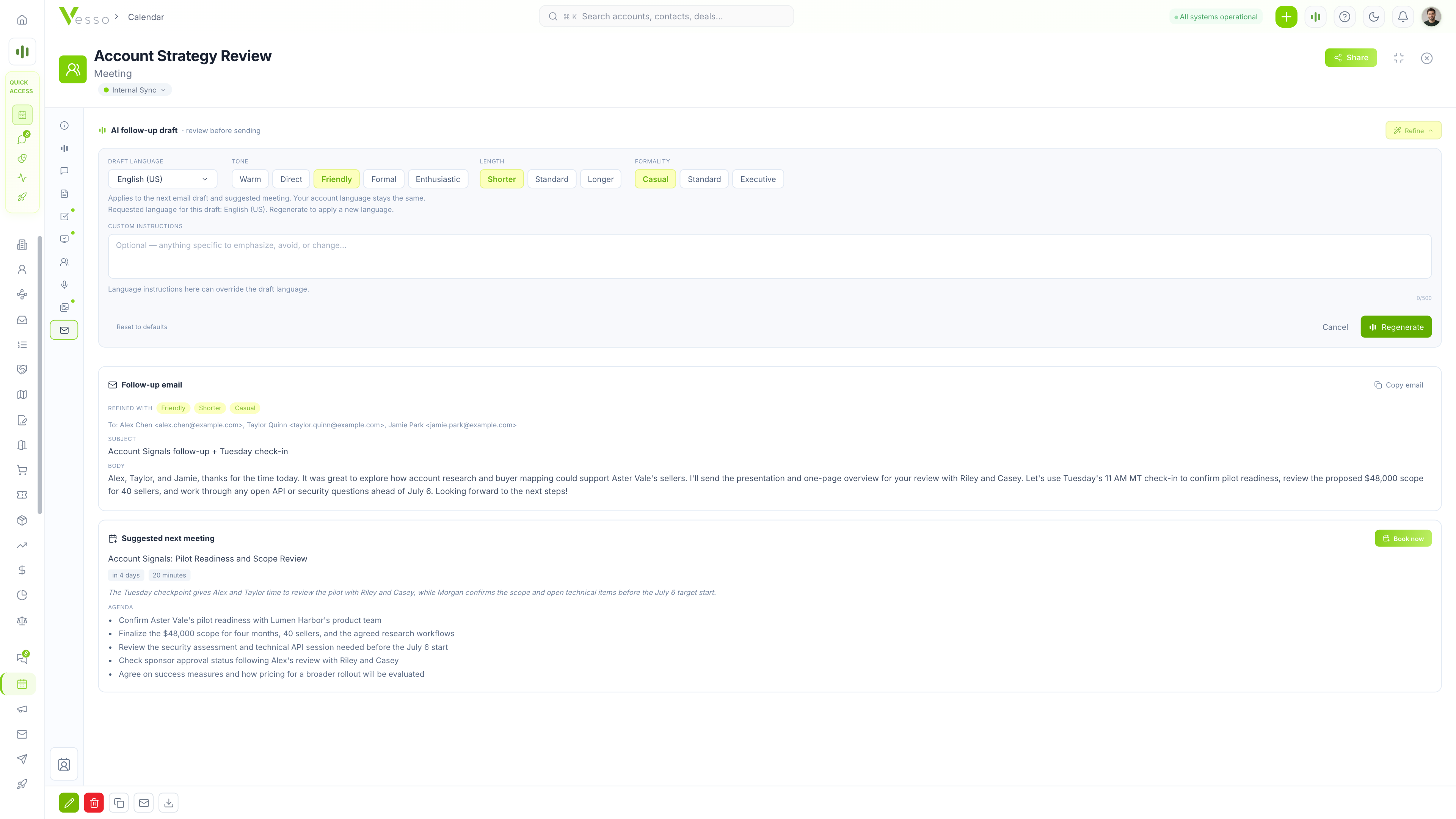 Vesso follow-up email with tone and length controls, a drafted recap, and a suggested next meeting