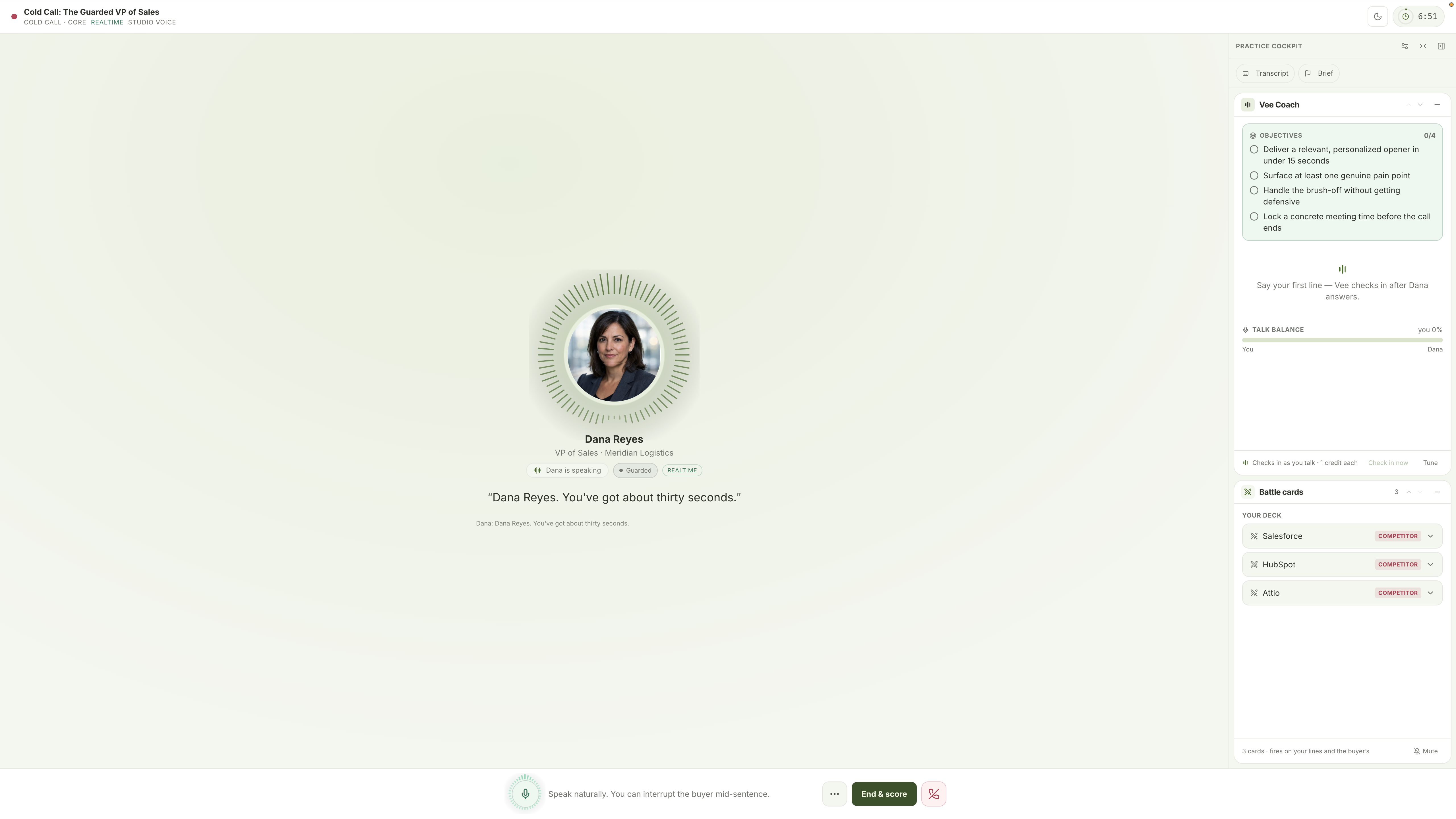 Dana Reyes, VP of Sales at Meridian Logistics, speaking during a realtime practice call: Dana Reyes. You've got about thirty seconds.