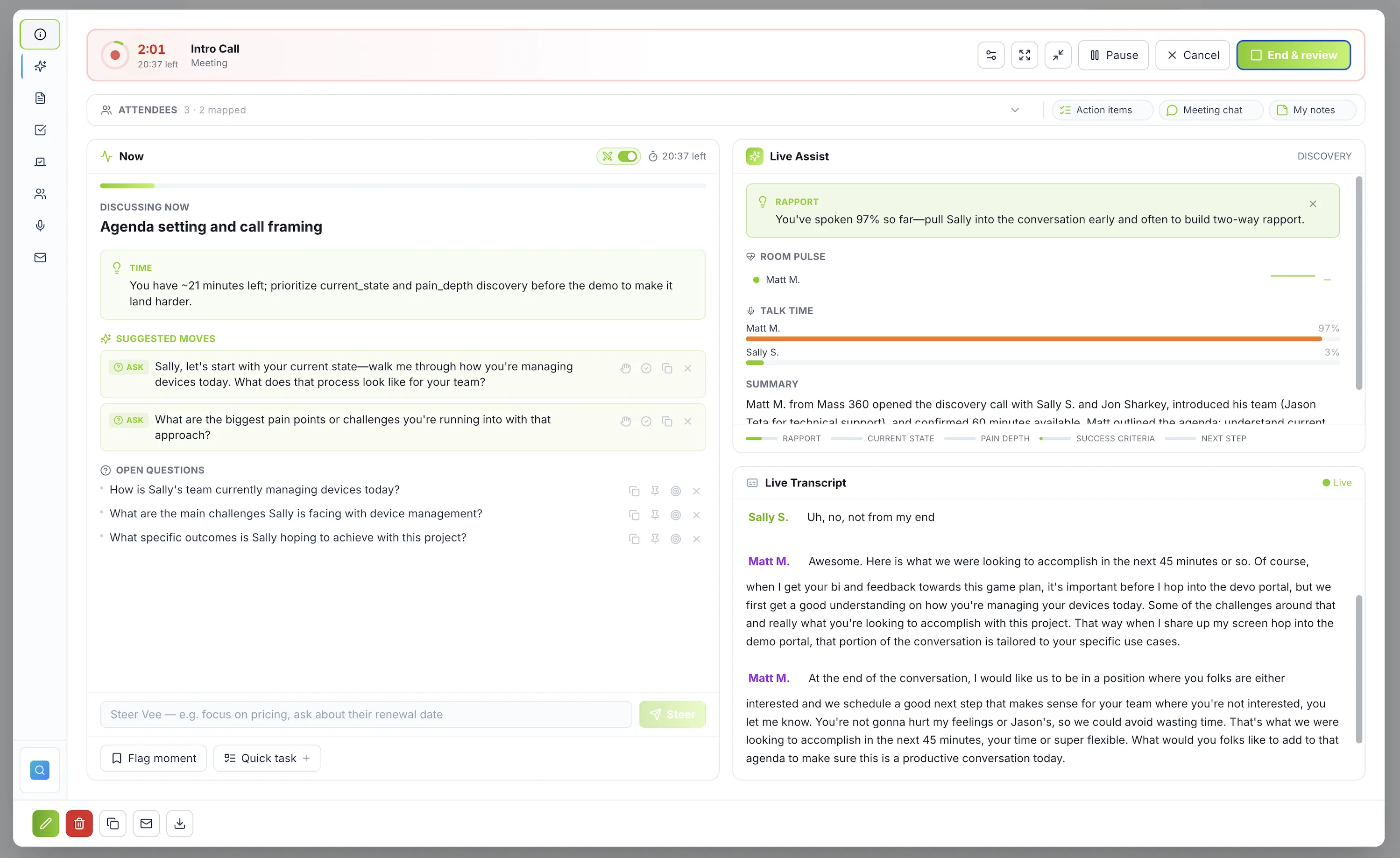A live Vesso meeting: Live Assist coaching on talk time, agenda tracking and the live transcript