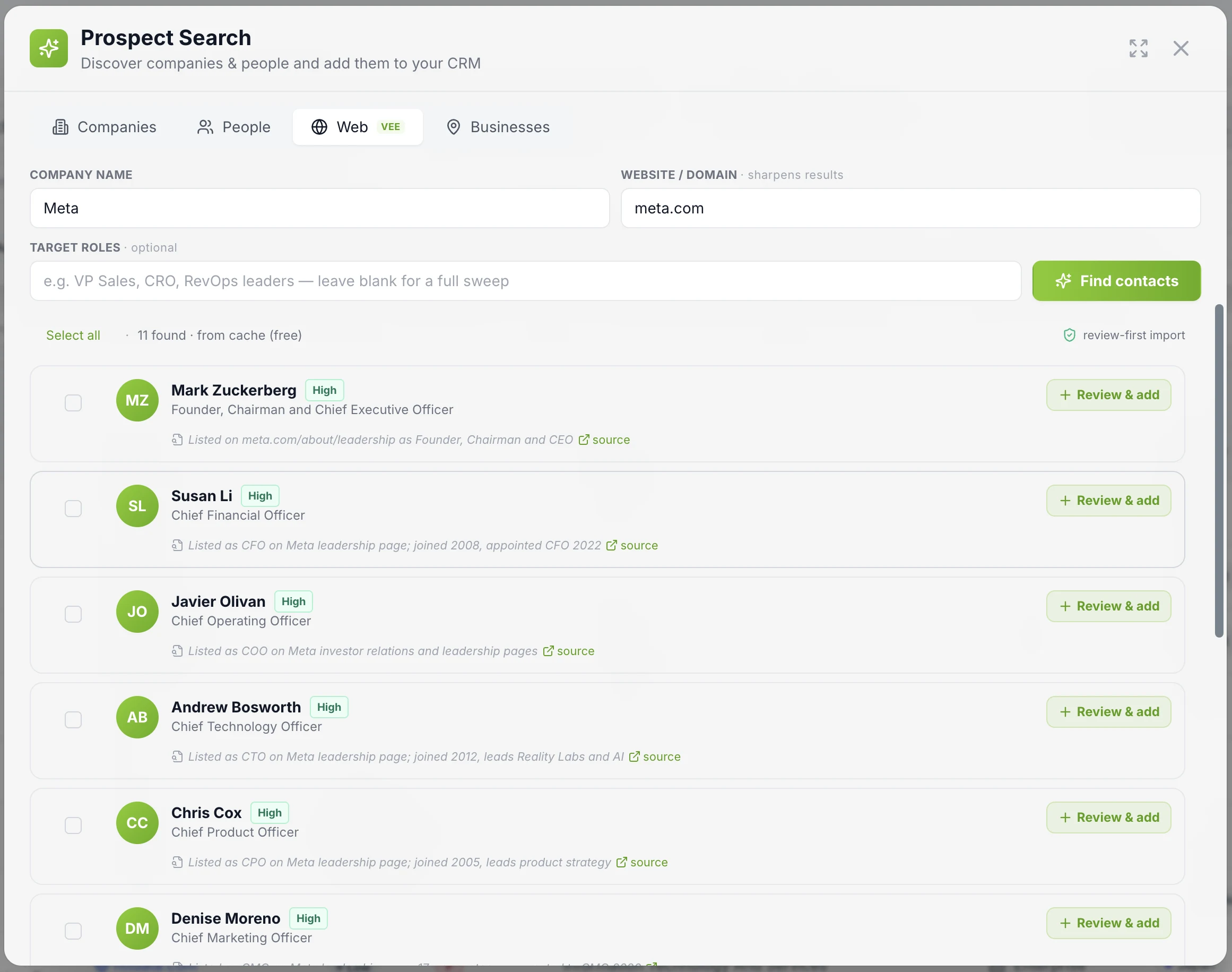 Vesso Prospect Search: contacts found from the web, each with a cited source and a review-first import button