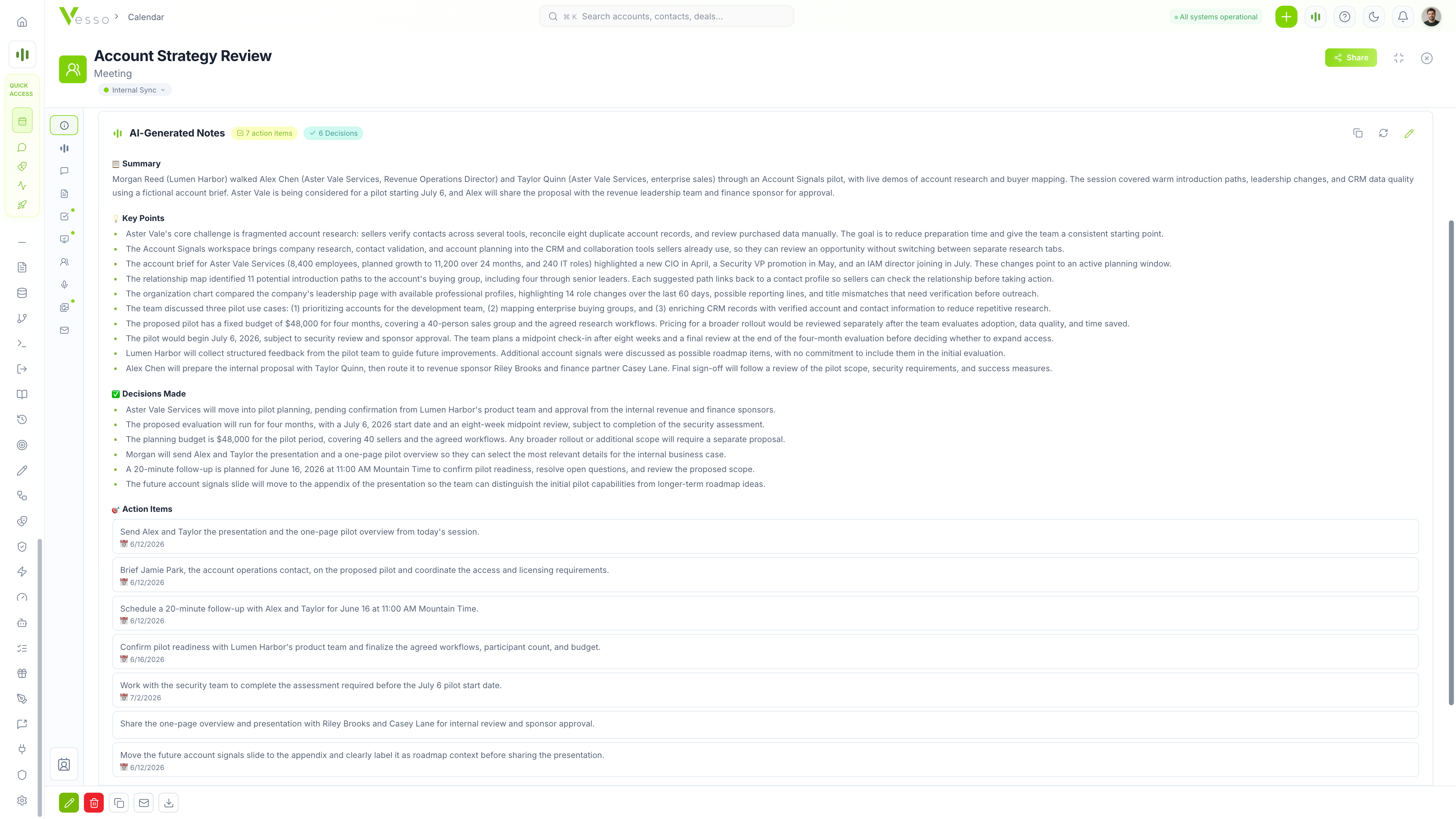 Vesso meeting notes with a summary, key points, decisions, and action items