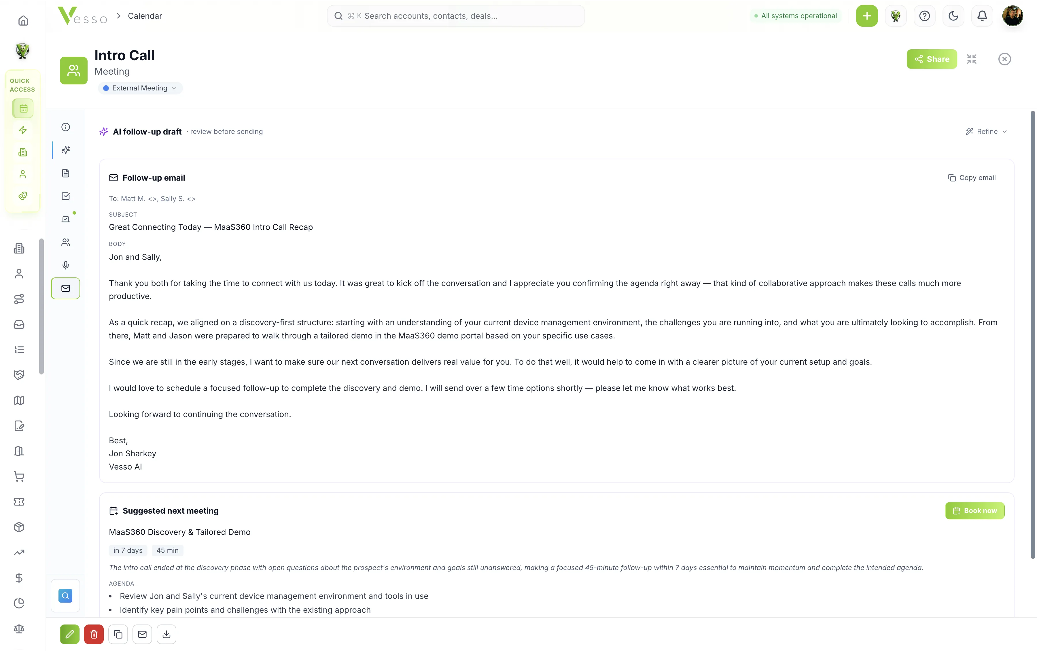 A recorded Vesso meeting: the AI follow-up email drafted for review, with a suggested next meeting and agenda underneath