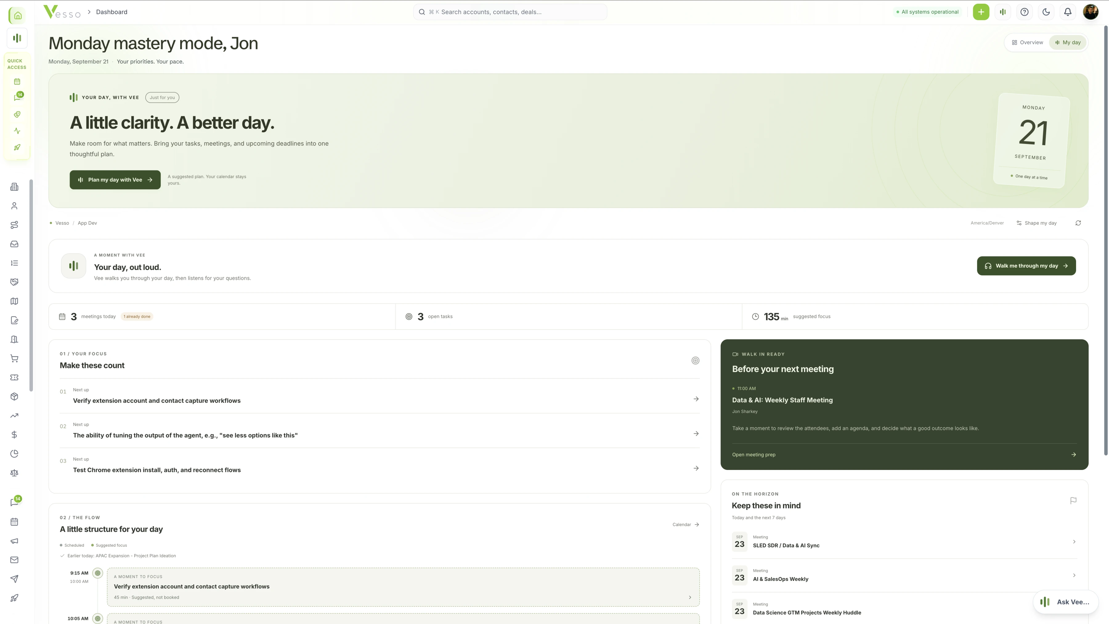 Vesso My day in light mode: plan your day with Vee, hear an audio walkthrough, and see daily priorities and meeting prep